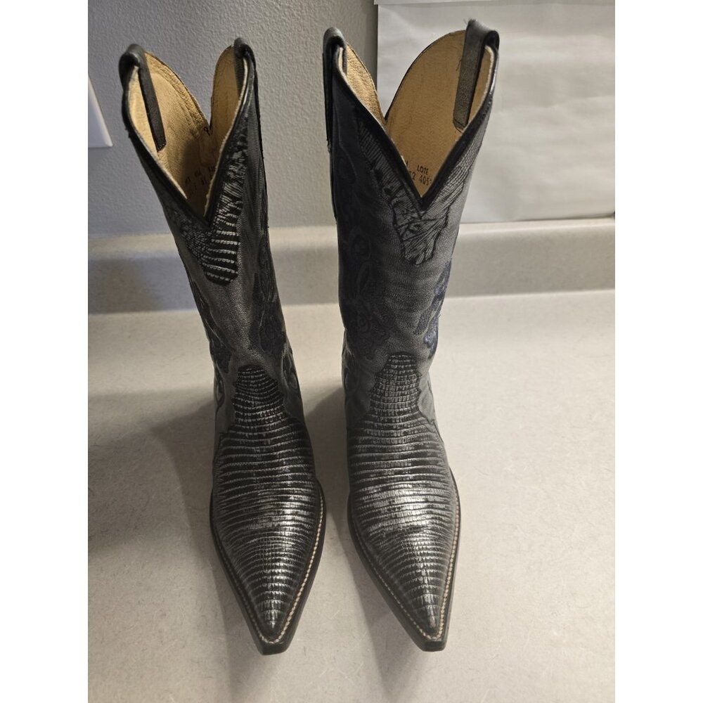Men’s Rudel Linea Cowboy Boots Silver Gray Embroidered Lizard Print Size 6.5 E
